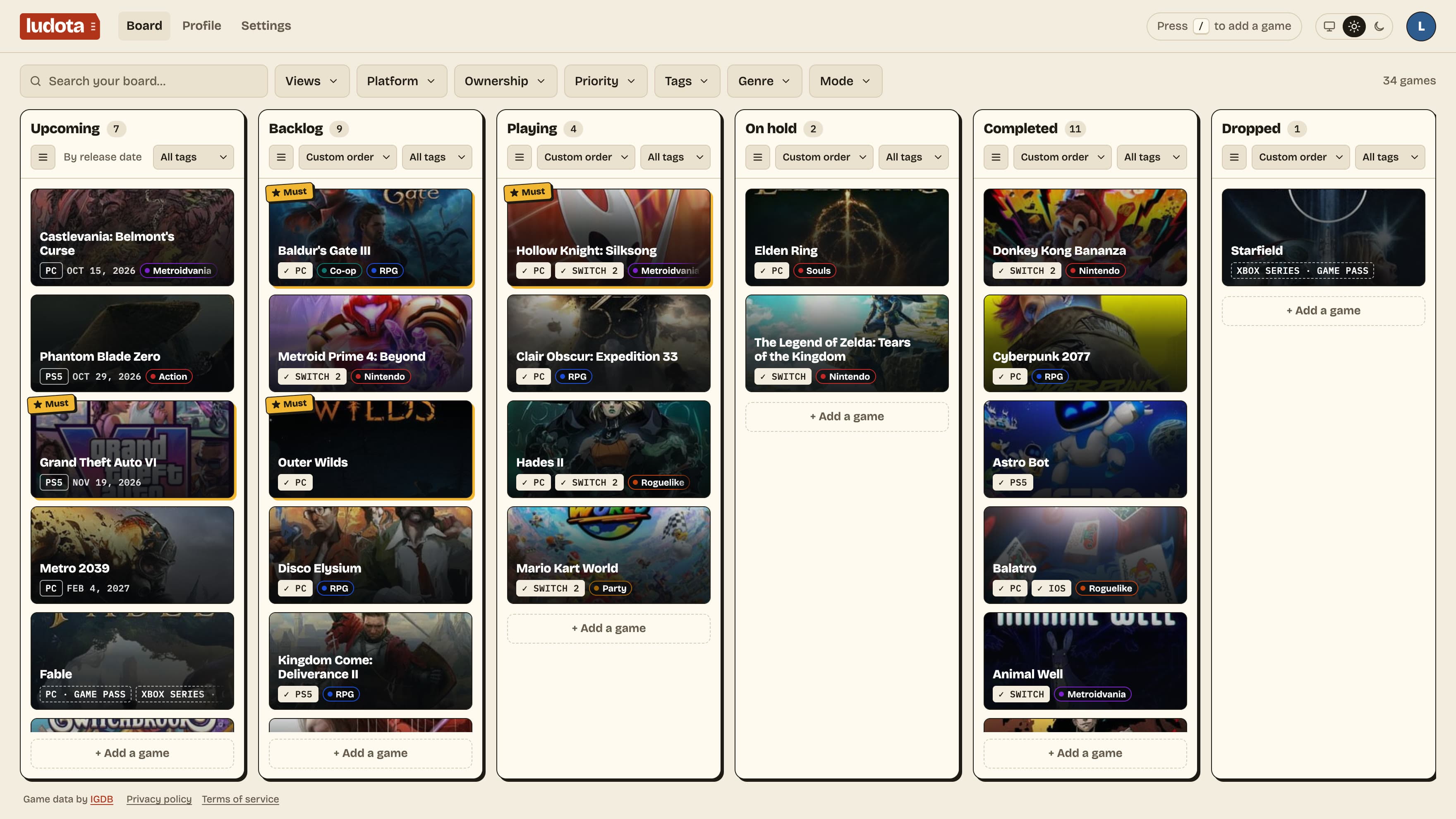 La bacheca demo su Ludota: colonne di copertine per In arrivo, Backlog, Ci sto giocando e In pausa, con piattaforme, tag e timbri Must.